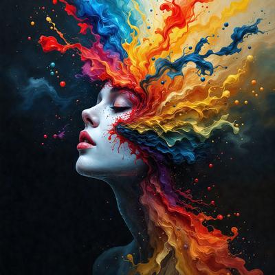 The primary subject of the image is a woman with a colorful, rainbow-colored head. The setting is a dark background, which contrasts with the vibrant colors of the woman's head. The visual style is a digital art or illustration, as the colors and mood are dominated by the vivid hues of the rainbow.